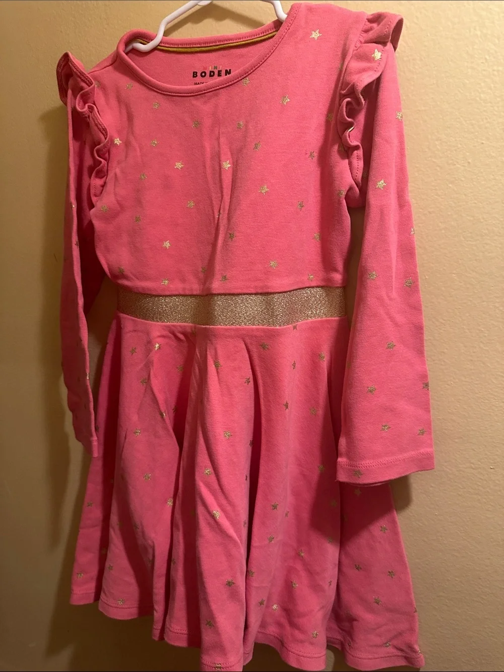 Boden Pink Dress with Gold Star Print and Metallic Waistband